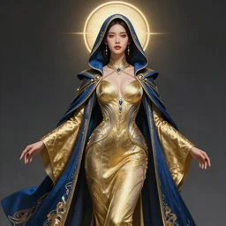 detailed beautiful hooded noun in opened blue gold coat, seductive confident pose, attractive feminine curves, intricate details, futuristic, elegant cape, elegant, photorealism, trending on artstation, holy halo, advanced technology, art by moebius and vitaly bulgarov and chanthara