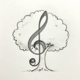a sketch of an acorn that turns into a tree in the shape of a treble clef with a gradient line in the middle, single line drawing