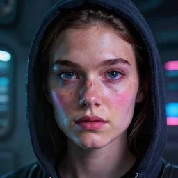 VFX movie of hacker closeup portrait in high tech compound artstation, beautiful natural skin neon lighting by Emmanuel Lubezki
