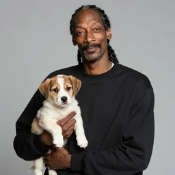 Snoop Dogg holding a puppy for a 1990s sitcom tv show, Studio Photograph, portrait, C 12.0
