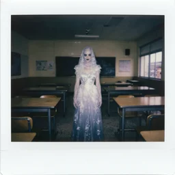 cursed Polaroid of haunted translucent cryptid entity creature in creepy dilapidated school cafeteria prom. Midnight. Weirdcore. Hyperrealistic.