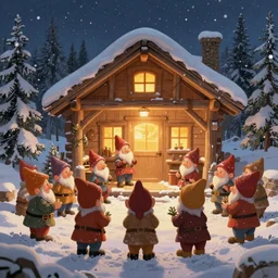 many dwarves in front of a warm cabin in the snow, winter wonderland, cozy, nostalgia, Christmas, warmness, artwork in the style of Alan Lee