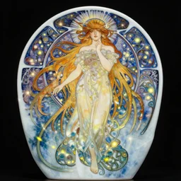 cuberpunk, carving on southern ice porcelain , overdetailed art, by greg rutkowski, by Alfons Mucha, complementing colors, magic, colorful lights, fireflies, detailed illustration