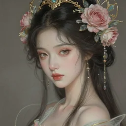 portrait of a beautiful celestial goddess, sweet, graceful, esoteric, muted colors, head in focus, fantasy art, rose aesthetics, intricate, elegant, highly detailed, hyperrealistic painting, artstation, concept art, painterly, sharp focus, hasselbrad photography, illustration, art by chie yoshii
