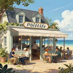 detailed ultra - realistic graphic novel illustration opened seashore cafe, french noon, 1 9 century, by famous digital artists, cinematic, full shot, hi fantasy art, colorfull