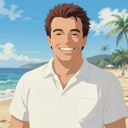 anime fine details portrait of joyful Arnold Schwarzenegger at beach anime masterpiece by Studio Ghibli. 4k render.