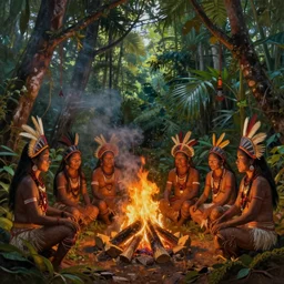a beautiful painting of an indigenous tribe around a fire in the jungle