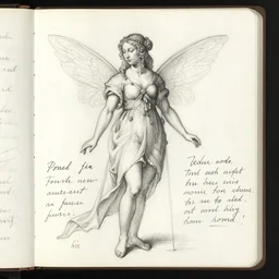 sketch, study of a fairy, in the style of leonardo da vinci, with written notes, annotations, sketchbook