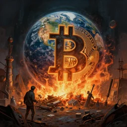 great bitcoin crash, trash poverty and war, planet burning due to mining, dark fantasy painting featured artstation