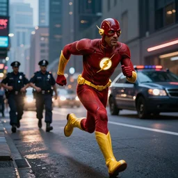 bill cosby dressed as the flash runs from the police, cyberpunk, cinematic, epic