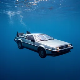 photo of a delorean swimming underwater with sharks