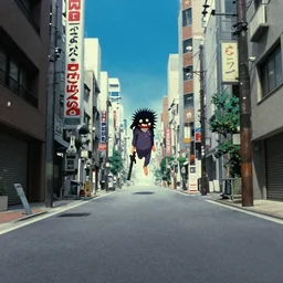 a strange creature floating alone on an empty street in downtown Tokyo with a gun, film still from the an anime directed by Katsuhiro Otomo with art direction by Salvador Dalí, wide lens