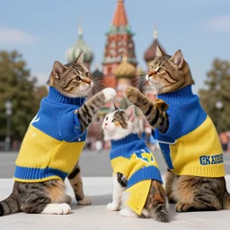 realistic photo of cats wearing ukraine sweaters attacking moscow