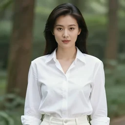 An Asian woman in white, in the forest, 90's professional color photograph.