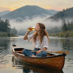 “ a girl sitting in canoe on a river drinking beer, mountains in fog background, by andrew wyeth ”