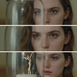 beautiful three point perspective film still of holly herndon in merce cunningham, extreme closeup portrait in style of frontiers in blade runner miniature photography fashion architectural art studio seinen manga edition, real - life porcelain statue in victorian glass jar, eye contact, anatomically correct, pointe pose, tilt shift background, soft lighting, panavision, 8 k, macro, cinematic style, dof