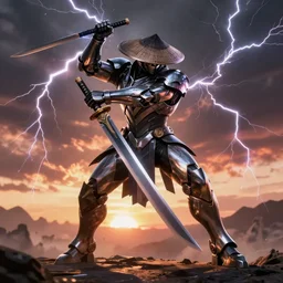 a photorealistic hyperrealistic render of a raiden metal gear rising revengeance wielding a katana sword and wearing a asian conical hat, huge lightning from his hands, greg rutkowski, wlop, artgerm, dramatic moody sunset lighting, long shadows, volumetric, cinematic atmosphere, octane render, artstation, 8 k