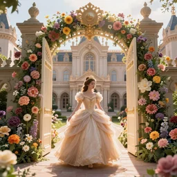 a fairytale princess entering the gates of her majestic palace made of flowers epic scene unreal render