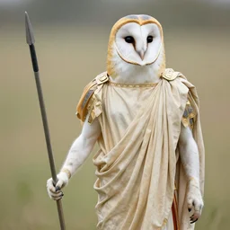 humanoid barn owl wearing a roman toga and holding a javelin
