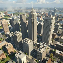 canary wharf, screenshot from cities : skylines ( 2 0 2 5 ) vr game, isometric view, unreal engine, raytracing, volumetric fog resolution, ambient occlusion, anisotropy, shadow resolution, texture quality high, chromatic abberation, 8 k