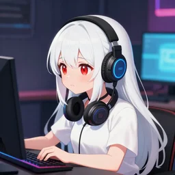 white long haired red eyed young cute girl wearing headset playing computer game mika pikazo anmi hiten rella style pixiv