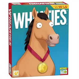 bojack horseman featured on a wheaties box, wearing a gold medal
