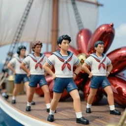 sailor crew on a ship, leatherette figurine, depth of field, analog film, vivid dynamic composition, by jeff koons, by yoro sean, surreal, overblown vibrant colors, masterpiece, physical based rendering, featured on pixiv, octane renderer, trending on pinterest