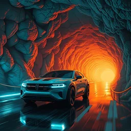 dodge 2 0 2 5 electric concept car riding through underground cyberpunk caverns. cave. tunnel. digital render. digital painting. beeple. noah bradley. cyril roland. ross tran. trending on artstation.