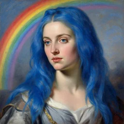 seductive saoirse ronan, cerulean hair, wearing a rainbow, oil painting by titian, hard focus