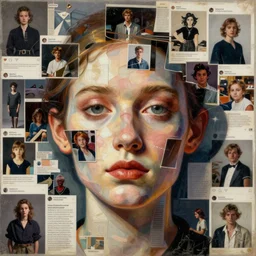a chaotic collage made out of fragments of printed images taken from the internet, fashion magazines, and family photographs all coming together to form hybrid face contour with twisted features in the Dadaesque style, mixed media