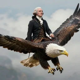 fantasy art hyper photorealistic ai created interesting bizarre george washington riding on the back of flying bald eagle fantastic art award winning best ultra detailed magnificent