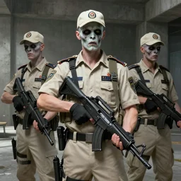 beige uniform and caps pale zombie!! security guards with background brutalist concrete interior trending on artstation digital painting highly detailed 4 k 8 k holding bullpups hd by greg rutkowski