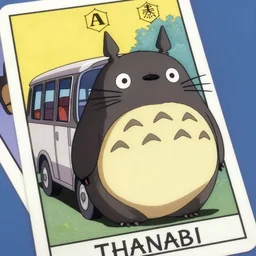 a panda bus in like totoro, 1990s anime, full color, tarot card the chariot, highly detailed ,