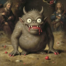 un monstre horrible et fou degueulasse avec une peau sale et seche petits yeux rouges dents tres longues demon sang sur les levres by bob bottin and lucien freud and ghibli studio and caravaggio and miyazaki and herge and rubens