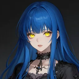 attractive yellow eye color long blue - haired girl with bangs gothic anime character, fantasy, screenshot, anime, sharp focus, intricate, illustration, cell shaded, digital painting, highly detailed, concept art, matte, art by ilya kuvshinov and kyoto animation and wlop, and greg rutkowski, studio quality, james jean, artem demura