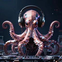 cyborg octopus dj in headphones, digital art, geometric, vector art