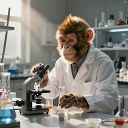 a monkey scientist in a chemistry laboratory
