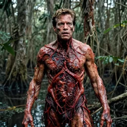 ron desantis body horror directed by david cronenberg, limb mutations, florida swamp background, swollen veins, red flesh strings, cinestill 8 0 0 t, 1 9 8 0 s movie still, film grain