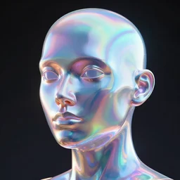 3d render of holographic human robotic made of glossy iridescent, surrealistic 3d illustration of a human face non-binary, non binary model, 3d model human, cryengine, made of holographic texture, holographic material, holographic rainbow, concept of cyborg and artificial intelligence