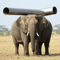 elephant standing and holding a huge metal pipe
