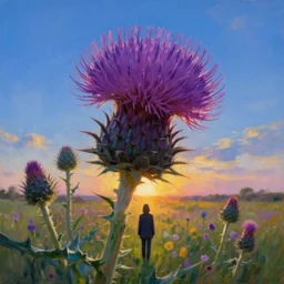 huge thistle flower head, a girl in suit in field of flowers, surreal photography, sunrise, blue sky, dramatic light, impressionist painting, digital painting, artstation, simon stalenhag