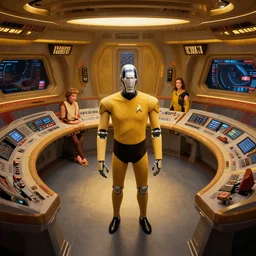 a beautiful intricate fine art portrait photo of a star trek starship bridge, by natalie shau and james christensen, masterpiece!, robot commander, top view, studio lighting, golden ratio composition, 3 5 mm lens, deep depth of field, artstation, 8 k