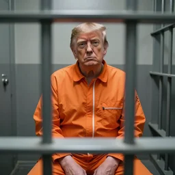 photo of bald!!! donald trump!!! shaved head no hair!!! no hair!!! old white pasty skin sitting in a jail cell wearing an orange jumpsuit, defocused bars in the foreground, 8 k, 8 5 mm f 1. 8
