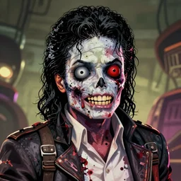 zombie !!! michael jackson! cell shaded! smirk decapitated head portrait of half decomposing michael jackson! zombie as Borderlands 3 concept art, llustration, postapocalyptic grunge, concept art by Laurie Greasley, highly detailed, sharp focus,  HQ, 4K ,art by Laurie Greasley
