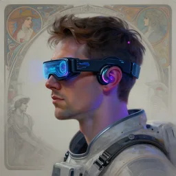 side view future coder man, sleek cyclops display over eyes and glowing headset, neon accents, holographic colors, desaturated headshot portrait digital painting by tom whalen, alex grey, alphonse mucha, donoto giancola, dean cornwall, rhads, john berkey, astronaut cyberpunk electric lights profile