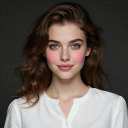 a portrait of a cute woman, brown hair, wavy hair, blue eyes, wearing a white blouse, button nose, oval face, soft facial features, strong jawline, pink chubby cheeks, cute lips, very detailed digital art, dynamic lighting, moody atmosphere, dark background, piercing gaze, arched brows, warm smile, 4 k portrait art by artgerm, greg rutkowski, craig mullins