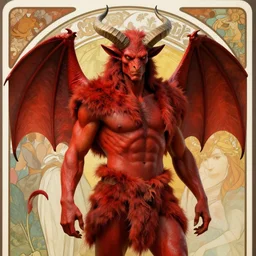 red demon in a fur loincloth, large horns, bat - wings, handsome, vivid colors, background, alphonse mucha, rhads, ross tran, artstation, artgerm, octane render, 1 6 k