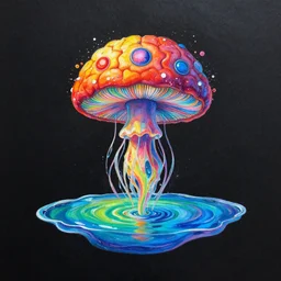 a chakra exploding brain mushroom lsd limerence paintbrush jellyfish nervous system suspended in rainbow liquid paint lake on a creative whimsical alien planet, black paper, obscure, serendipity, geof darrow, anton fadeev