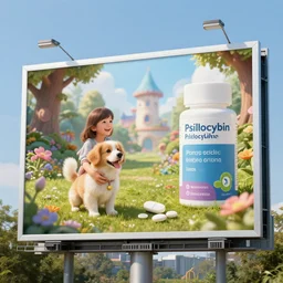 billboard ad showing a happy girl and a puppy in a wonderland, ad for a psilocybin pharmaceutical pill, detailed, realistic
