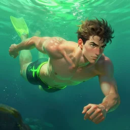 solarpunk male swimmer, underwater background, digital painting, green neon light, detailed, highly detailed, smooth, sharp focus, illustration by ruan jia and mandy jurgens and william - adolphe bouguereau, artgerm